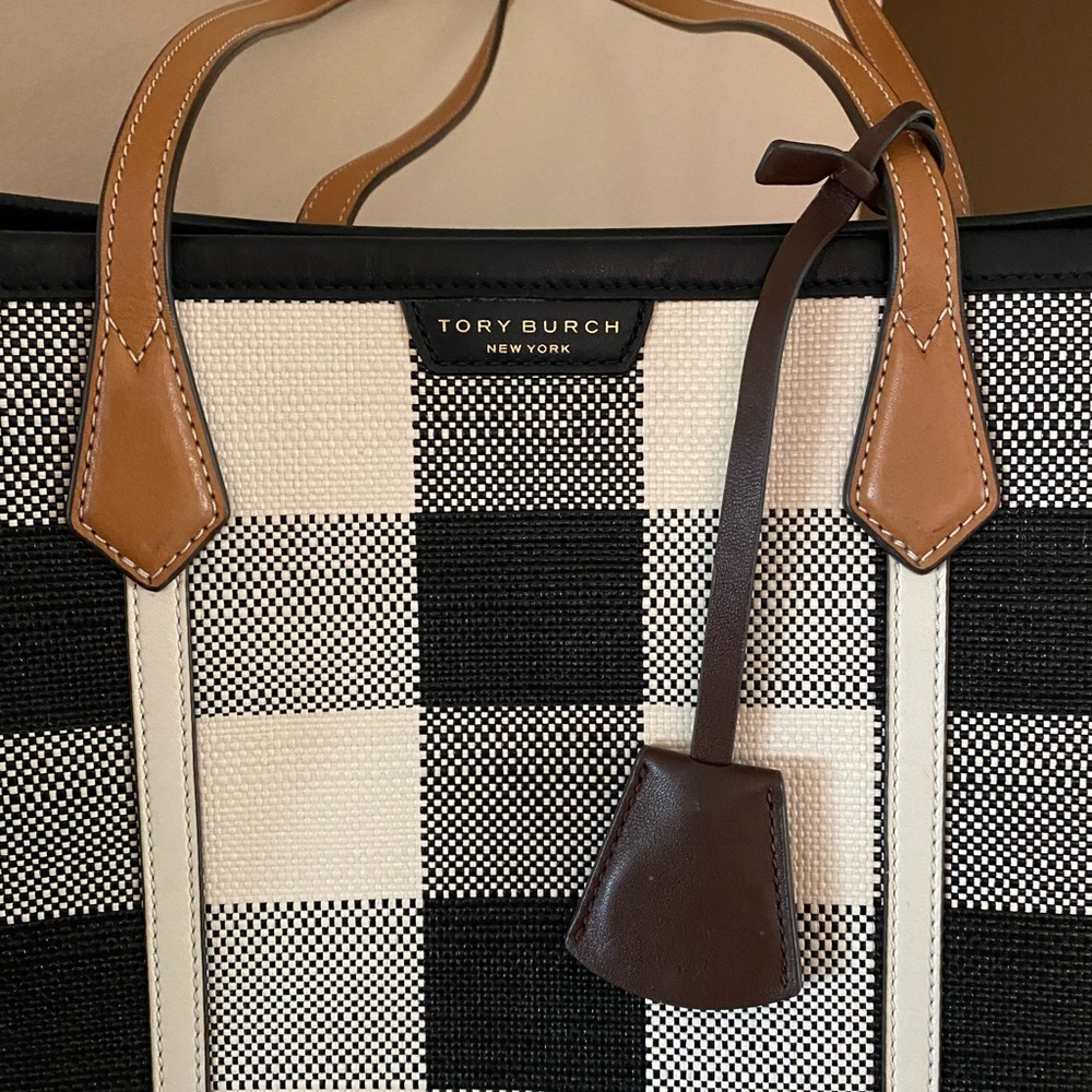 Tory Burch Plaid Gingham Tote with Tan Accents - Picture 2 of 9